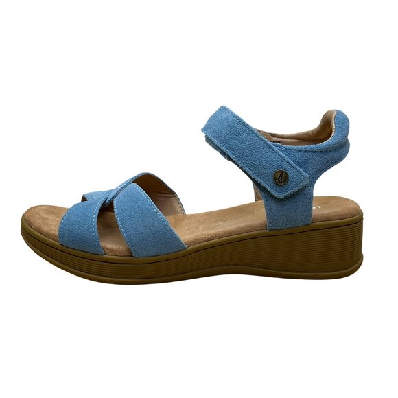 Lands End Women’s Blue Faux Suede Open-Toe Adjustable Strap Wedge Sandals Sz 7B - Picture 4 of 8